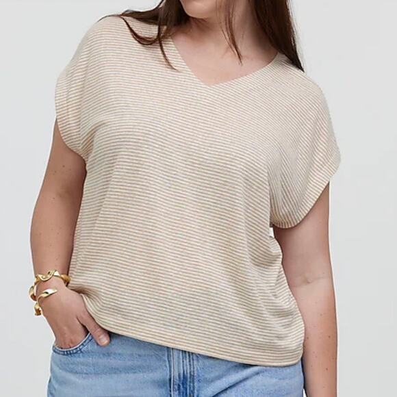 Madewell Top Womens Small Yellow Stripe Relaxed V-Neck Tee Linen Blend - Picture 1 of 13